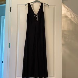 Black linen sundress, white trim & lace-up bodice